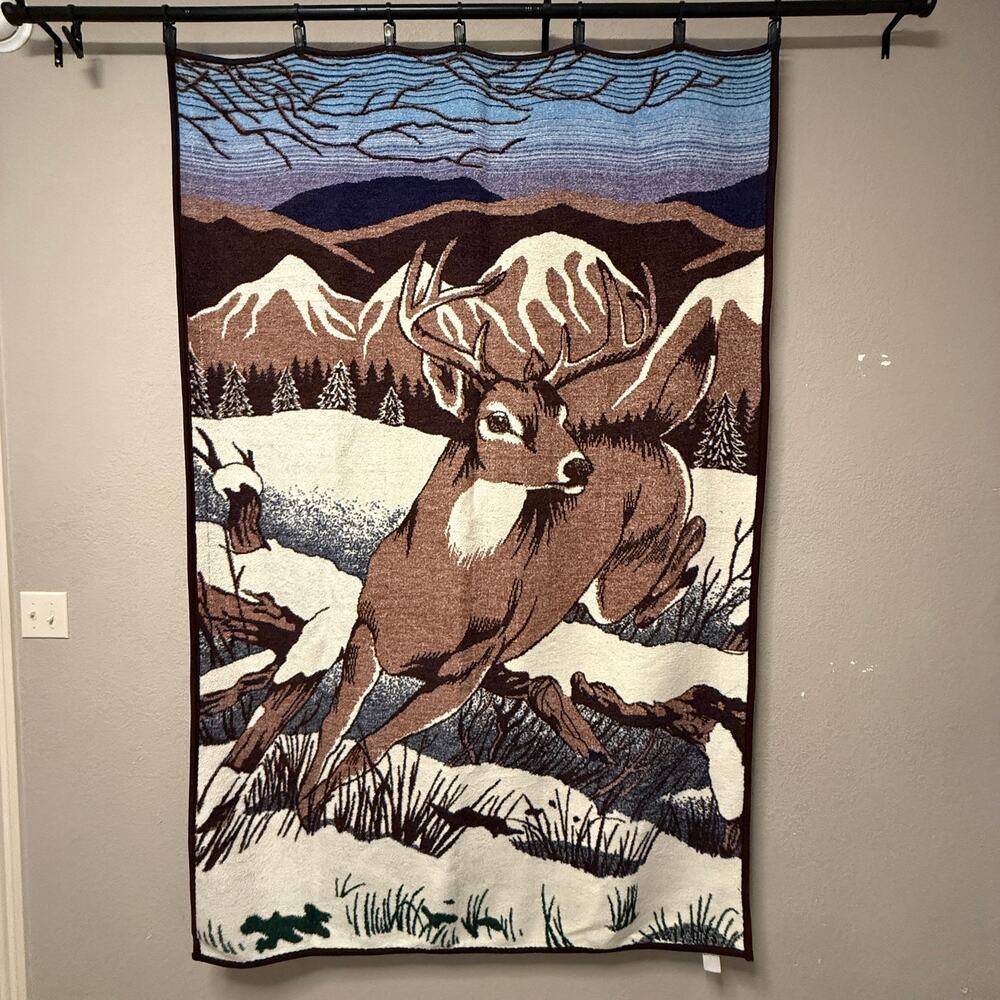 Vtg Biederlack Deer running in snow throw blanket - brown white log cabin 80x52